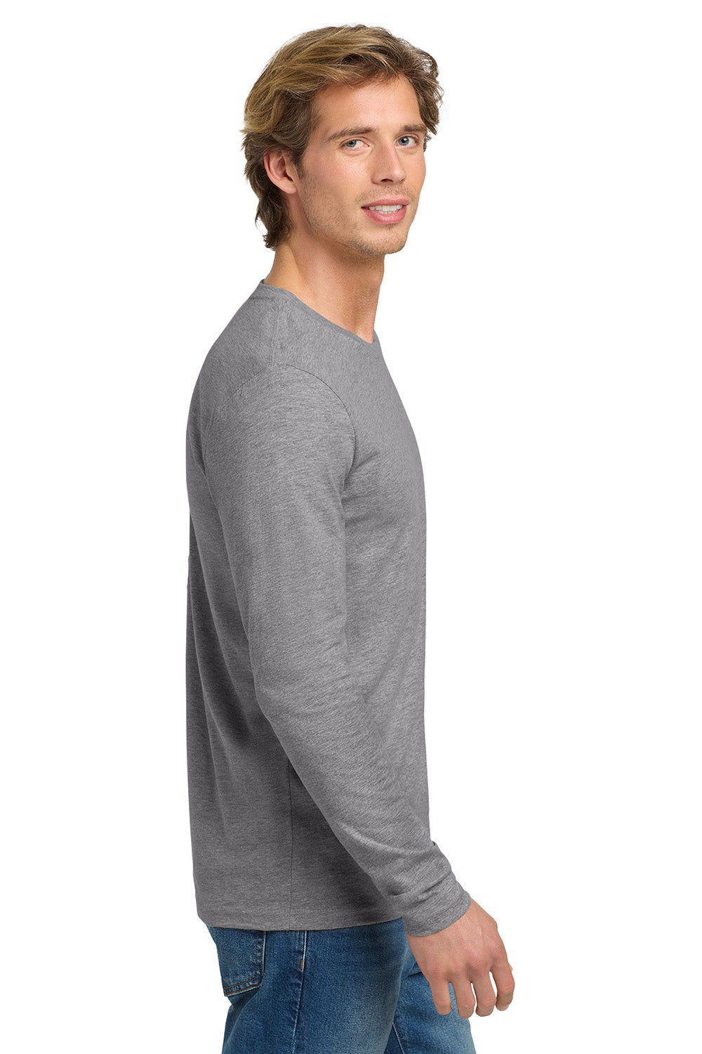 Next Level NL3601/N3601/3601 Mens Fine Jersey Long Sleeve Crewneck T-Shirt Heather Grey Model Side