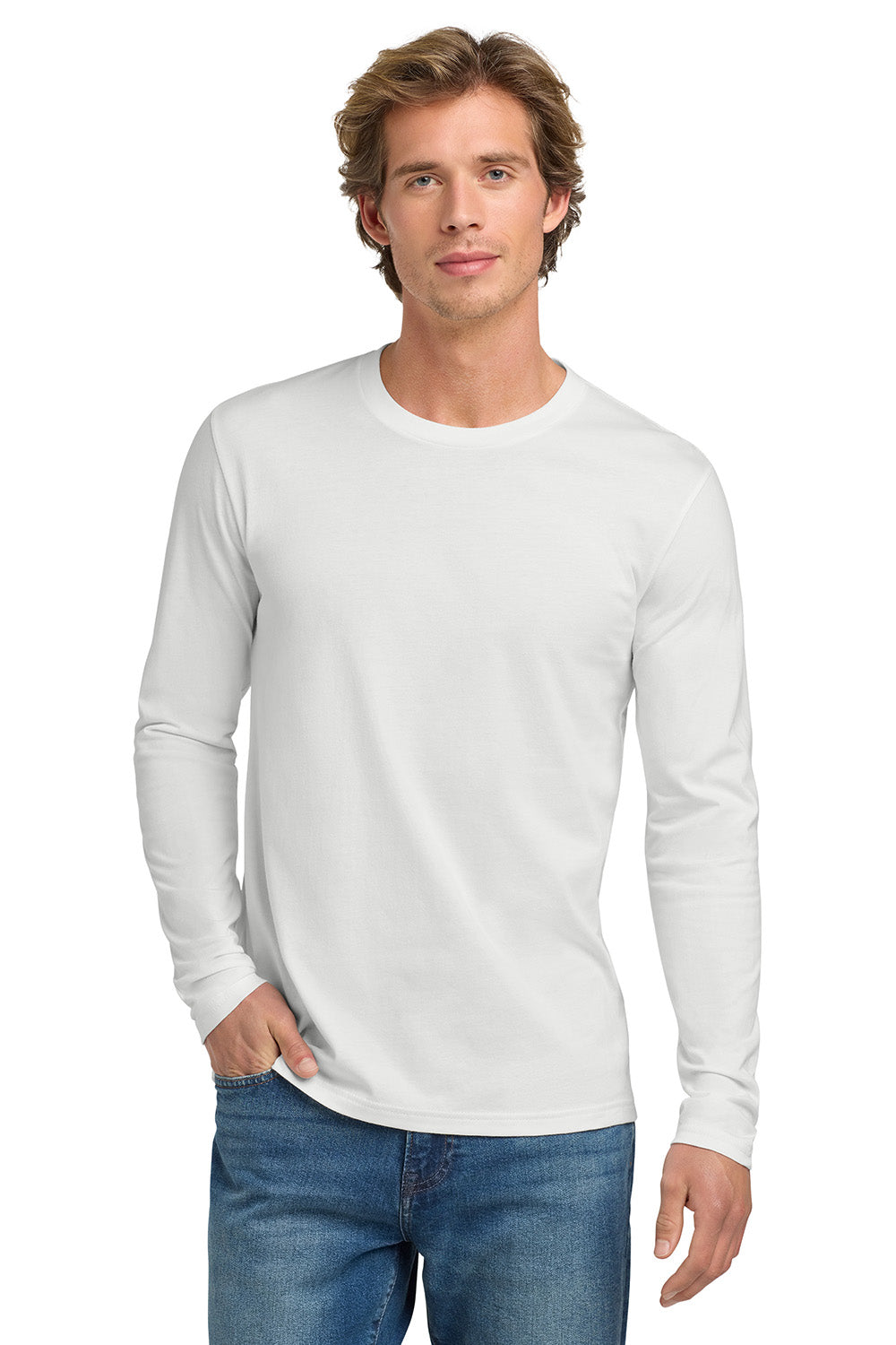 Next Level NL3601/N3601/3601 Mens Fine Jersey Long Sleeve Crewneck T-Shirt White Model Front