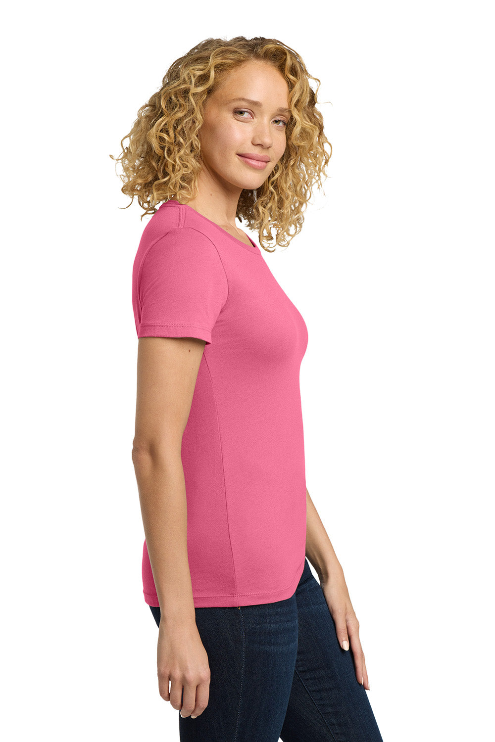 Next Level NL3900/N3900/3900 Womens Boyfriend Fine Jersey Short Sleeve Crewneck T-Shirt Hot Pink Model Side