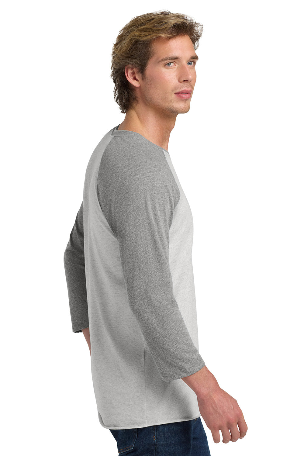 Next Level NL6051/6051 Mens Jersey 3/4 Sleeve Crewneck T-Shirt Heather White/Heather Grey Model Side