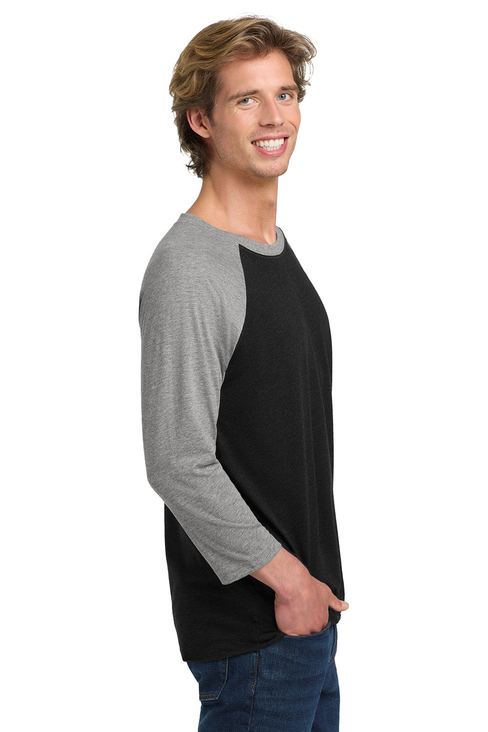 Next Level NL6051/6051 Mens Jersey 3/4 Sleeve Crewneck T-Shirt Vintage Black/Heather Grey Model Side