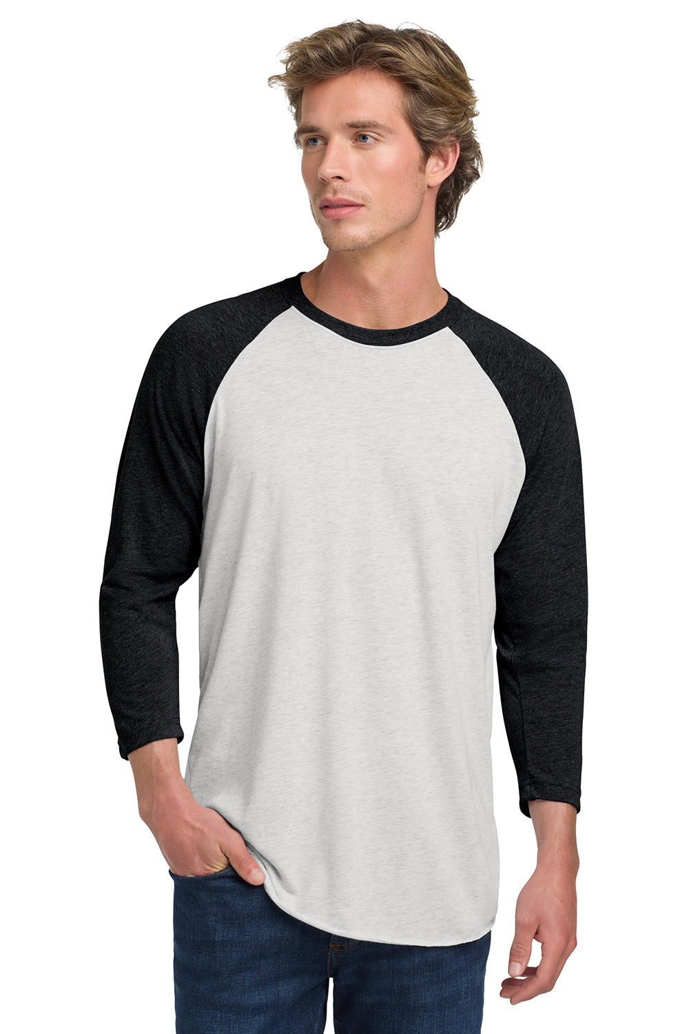 Next Level NL6051/6051 Mens Jersey 3/4 Sleeve Crewneck T-Shirt Heather White/Vintage Black Model Front