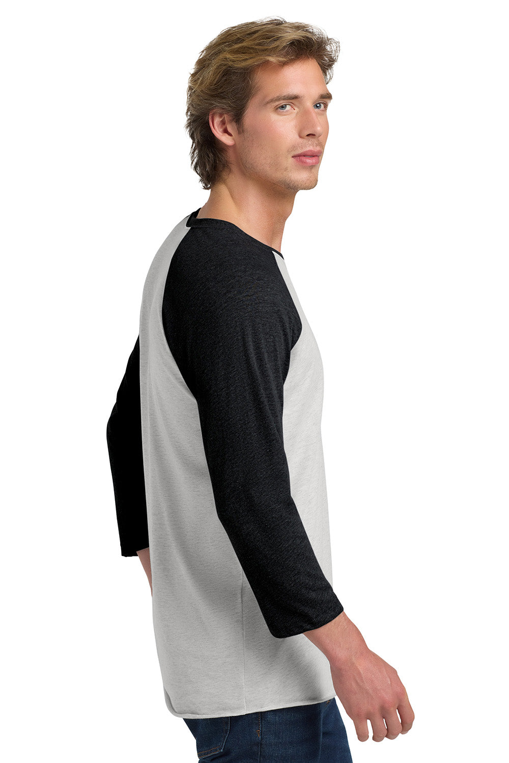 Next Level NL6051/6051 Mens Jersey 3/4 Sleeve Crewneck T-Shirt Heather White/Vintage Black Model Side