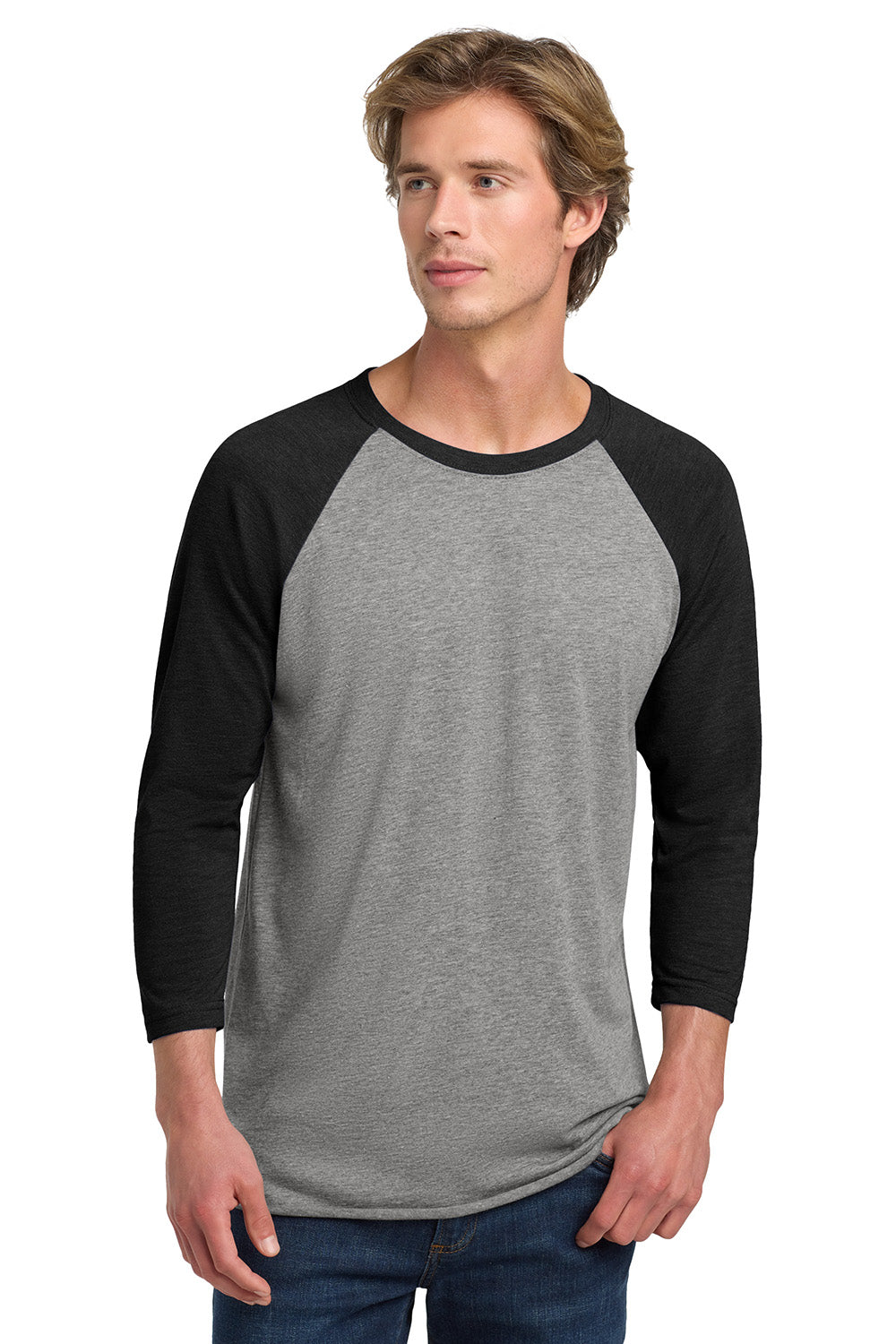 Next Level NL6051/6051 Mens Jersey 3/4 Sleeve Crewneck T-Shirt Heather Grey/Vintage Black Model Front