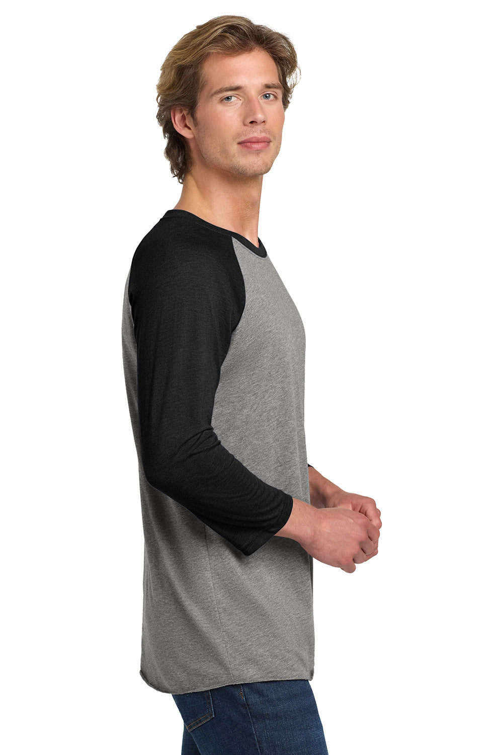 Next Level NL6051/6051 Mens Jersey 3/4 Sleeve Crewneck T-Shirt Heather Grey/Vintage Black Model Side