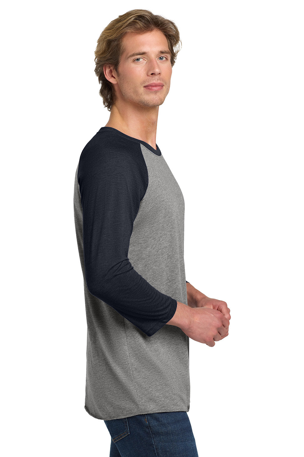 Next Level NL6051/6051 Mens Jersey 3/4 Sleeve Crewneck T-Shirt Heather Grey/Vintage Navy Blue Model Side