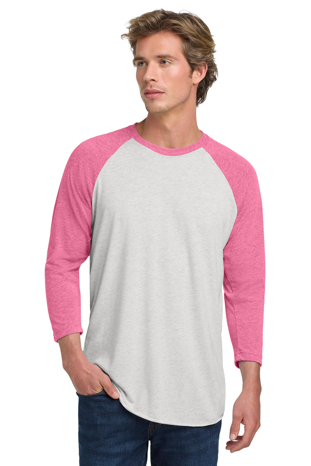 Next Level NL6051/6051 Mens Jersey 3/4 Sleeve Crewneck T-Shirt Heather White/Vintage Pink Model Front