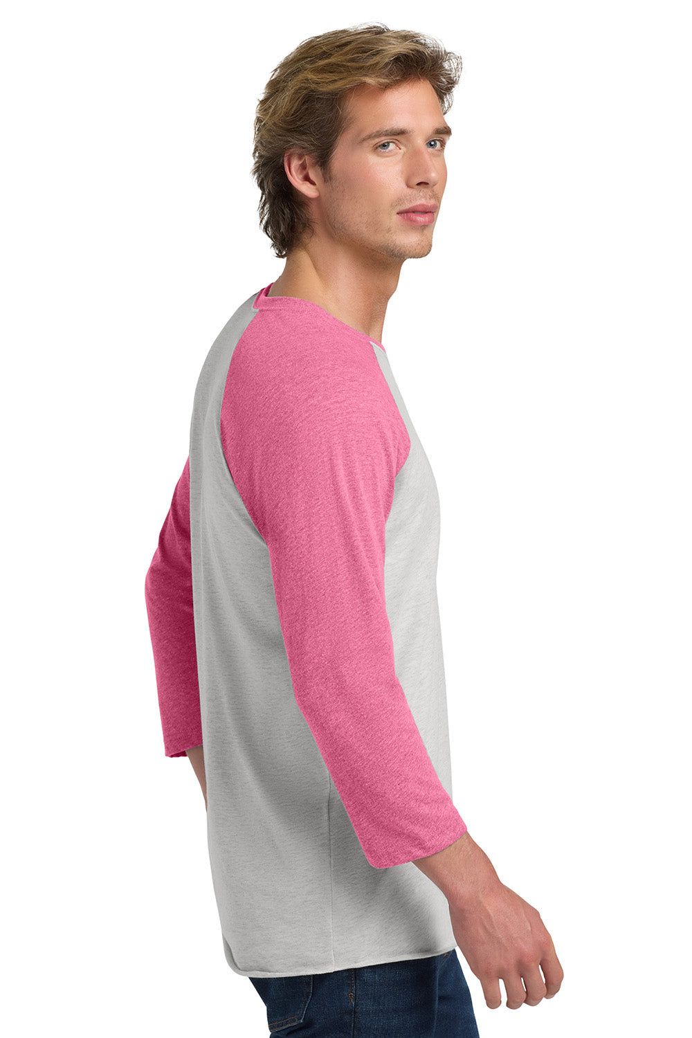 Next Level NL6051/6051 Mens Jersey 3/4 Sleeve Crewneck T-Shirt Heather White/Vintage Pink Model Side