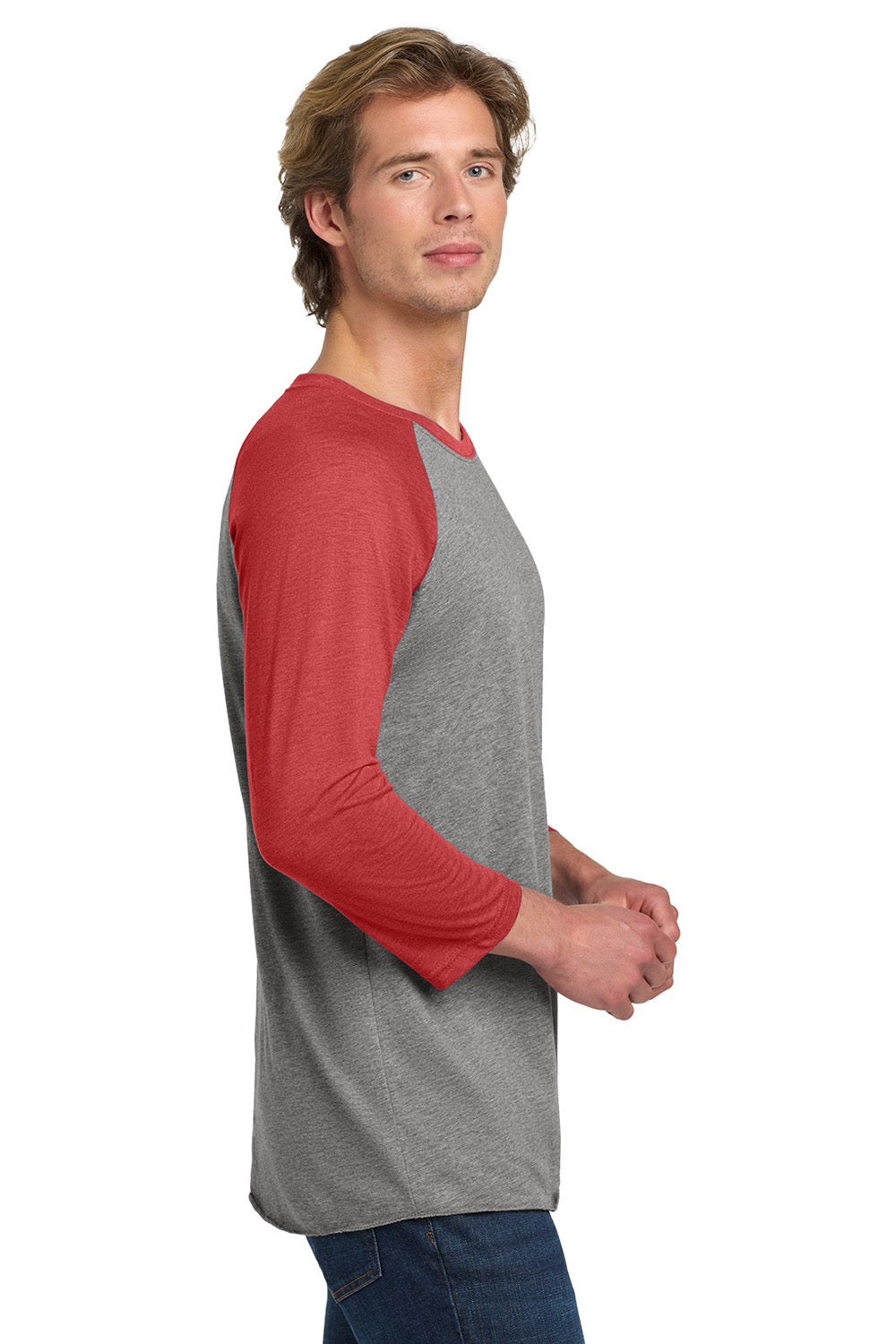 Next Level NL6051/6051 Mens Jersey 3/4 Sleeve Crewneck T-Shirt Heather Grey/Vintage Red Model Side