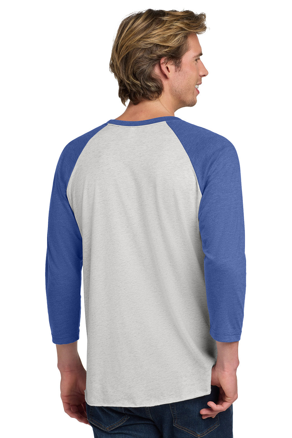 Next Level NL6051/6051 Mens Jersey 3/4 Sleeve Crewneck T-Shirt Heather White/Vintage Royal Blue Model Back