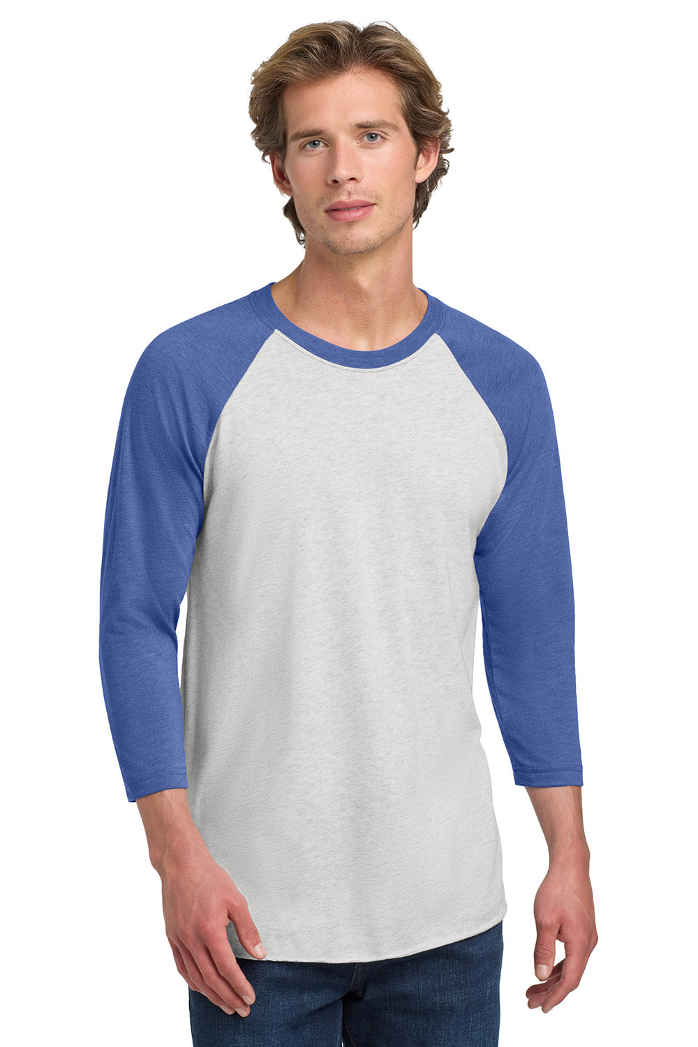 Next Level NL6051/6051 Mens Jersey 3/4 Sleeve Crewneck T-Shirt Heather White/Vintage Royal Blue Model Front