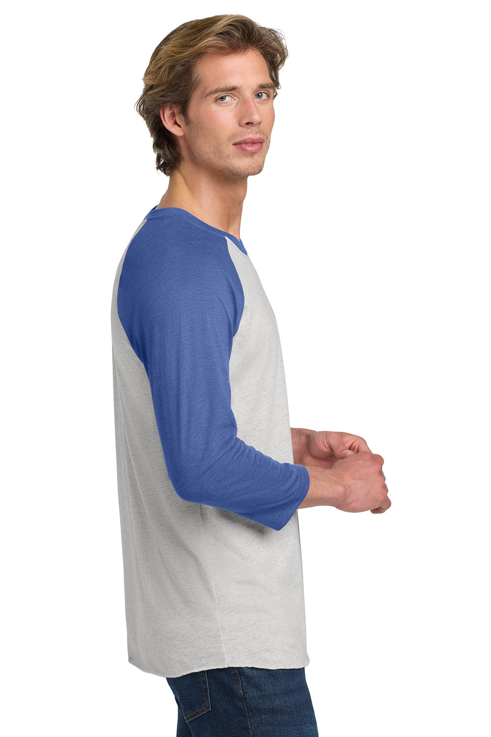 Next Level NL6051/6051 Mens Jersey 3/4 Sleeve Crewneck T-Shirt Heather White/Vintage Royal Blue Model Side