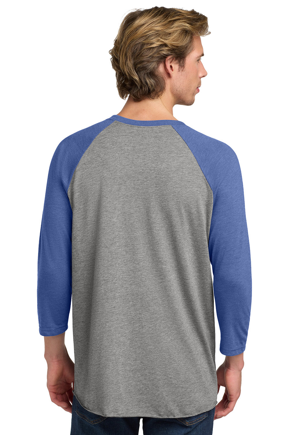 Next Level NL6051/6051 Mens Jersey 3/4 Sleeve Crewneck T-Shirt Heather Grey/Vintage Royal Blue Model Back