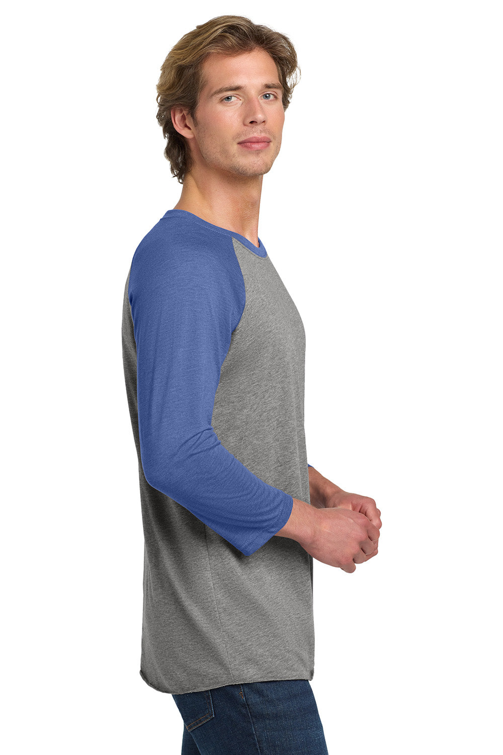 Next Level NL6051/6051 Mens Jersey 3/4 Sleeve Crewneck T-Shirt Heather Grey/Vintage Royal Blue Model Side