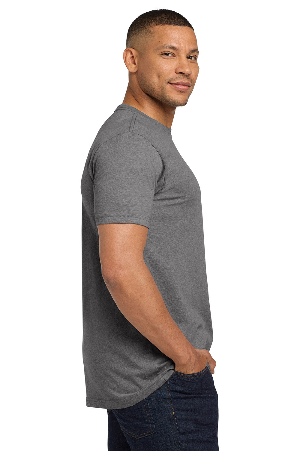 Next Level NL6410/6410 Mens Sueded Jersey Short Sleeve Crewneck T-Shirt Heather Dark Grey Model Side