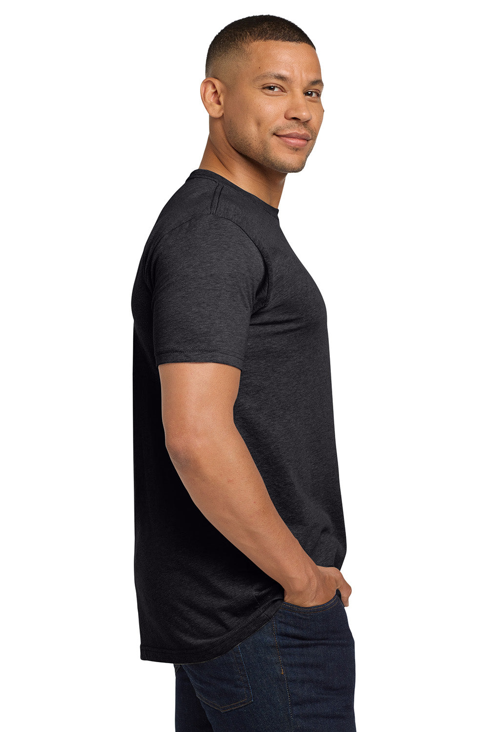 Next Level NL6410/6410 Mens Sueded Jersey Short Sleeve Crewneck T-Shirt Heather Charcoal Grey Model Side