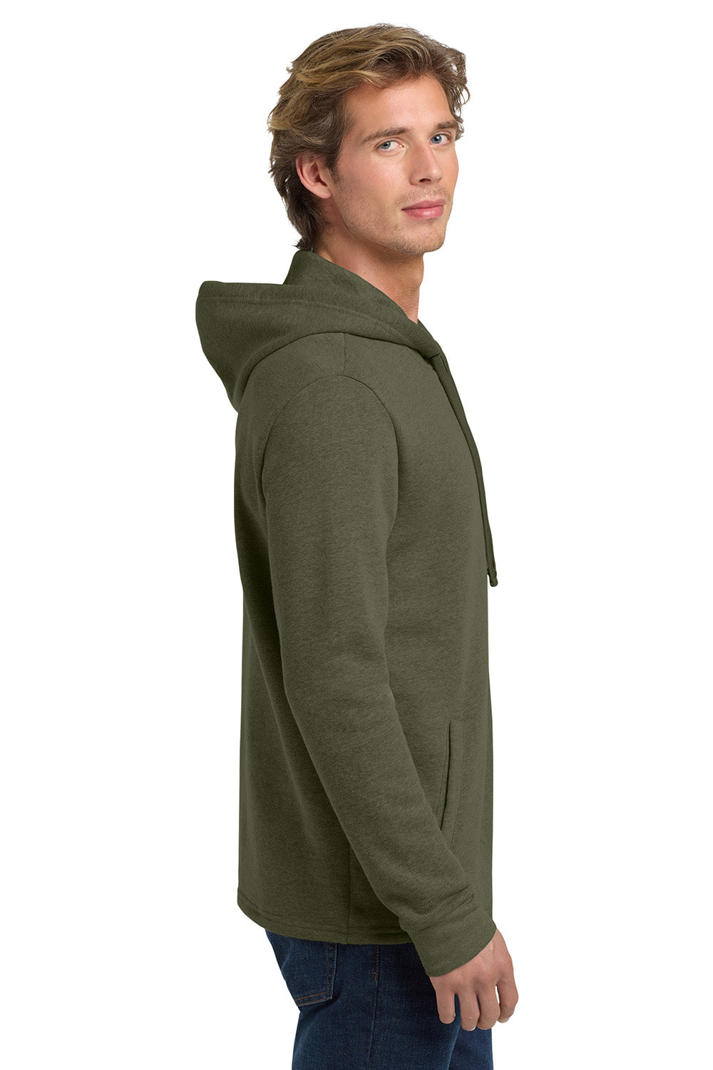 Next Level NL9300/9300 Mens PCH Fleece Hooded Sweatshirt Hoodie w/ Pockets Heather Military Green Model Side