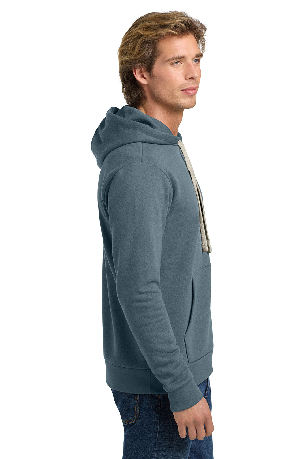 Next Level NL9303/9303 Mens Fleece Hooded Sweatshirt Hoodie w/ Pouch Pocket Antique Denim Blue Model Side