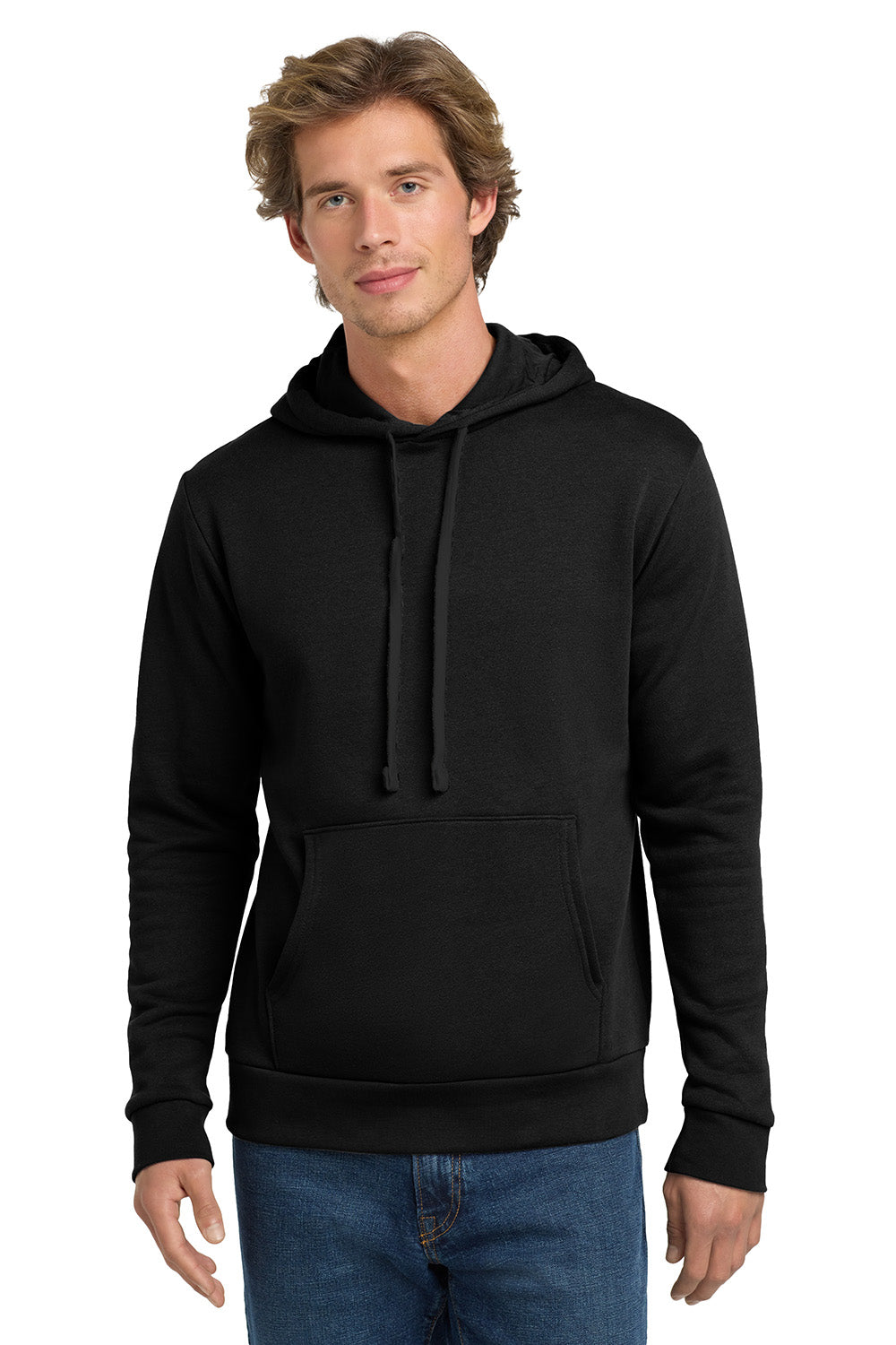 Next Level NL9303/9303 Mens Fleece Hooded Sweatshirt Hoodie w/ Pouch Pocket Black On Black Model Front