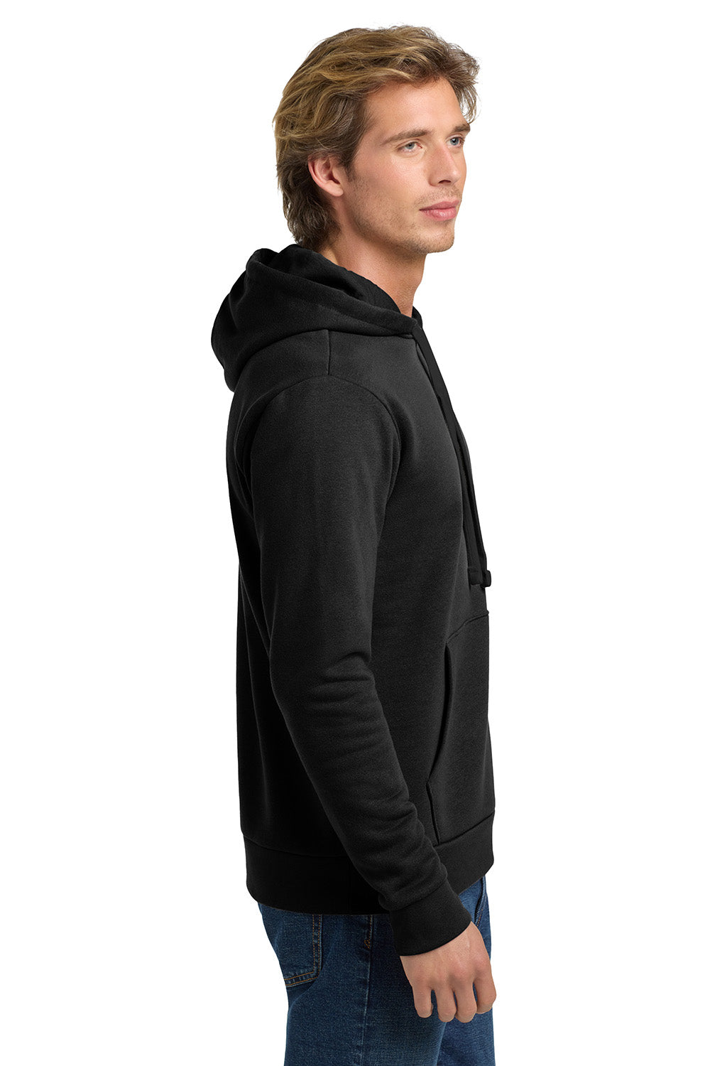 Next Level NL9303/9303 Mens Fleece Hooded Sweatshirt Hoodie w/ Pouch Pocket Black On Black Model Side