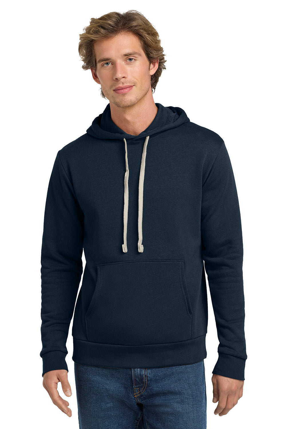 Next Level NL9303/9303 Mens Fleece Hooded Sweatshirt Hoodie w/ Pouch Pocket Midnight Navy Blue Model Front