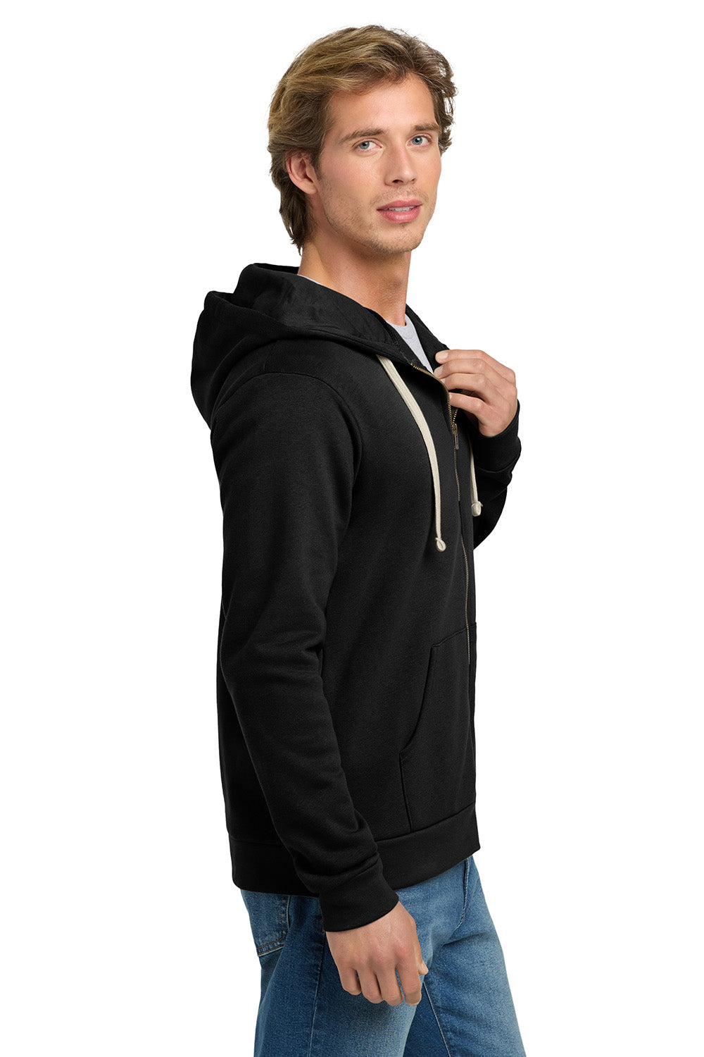 Next Level NL9602/9602 Mens Fleece Full Zip Hooded Sweatshirt Hoodie w/ Pockets Black Model Side