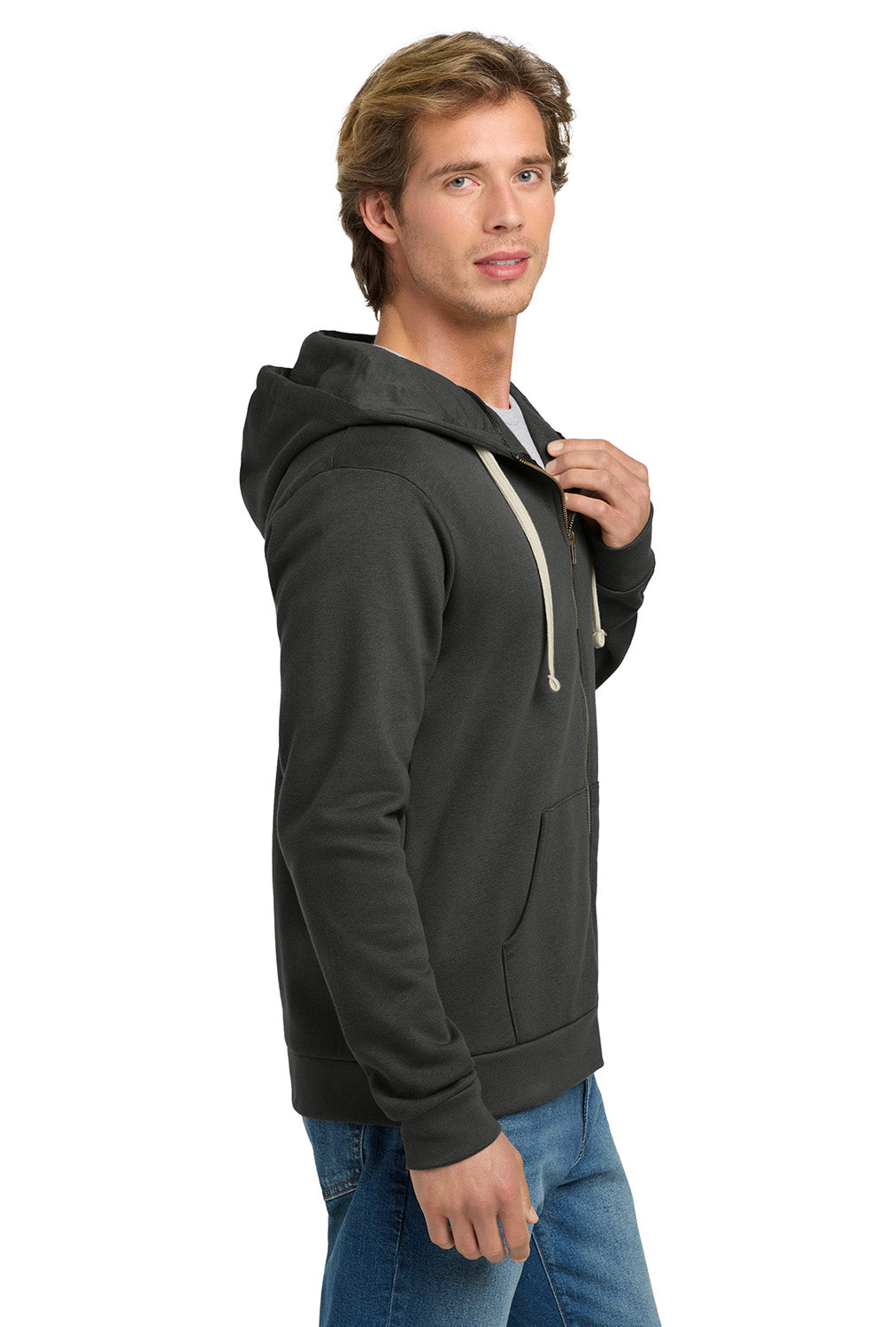 Next Level NL9602/9602 Mens Fleece Full Zip Hooded Sweatshirt Hoodie w/ Pockets Heavy Metal Grey Model Side