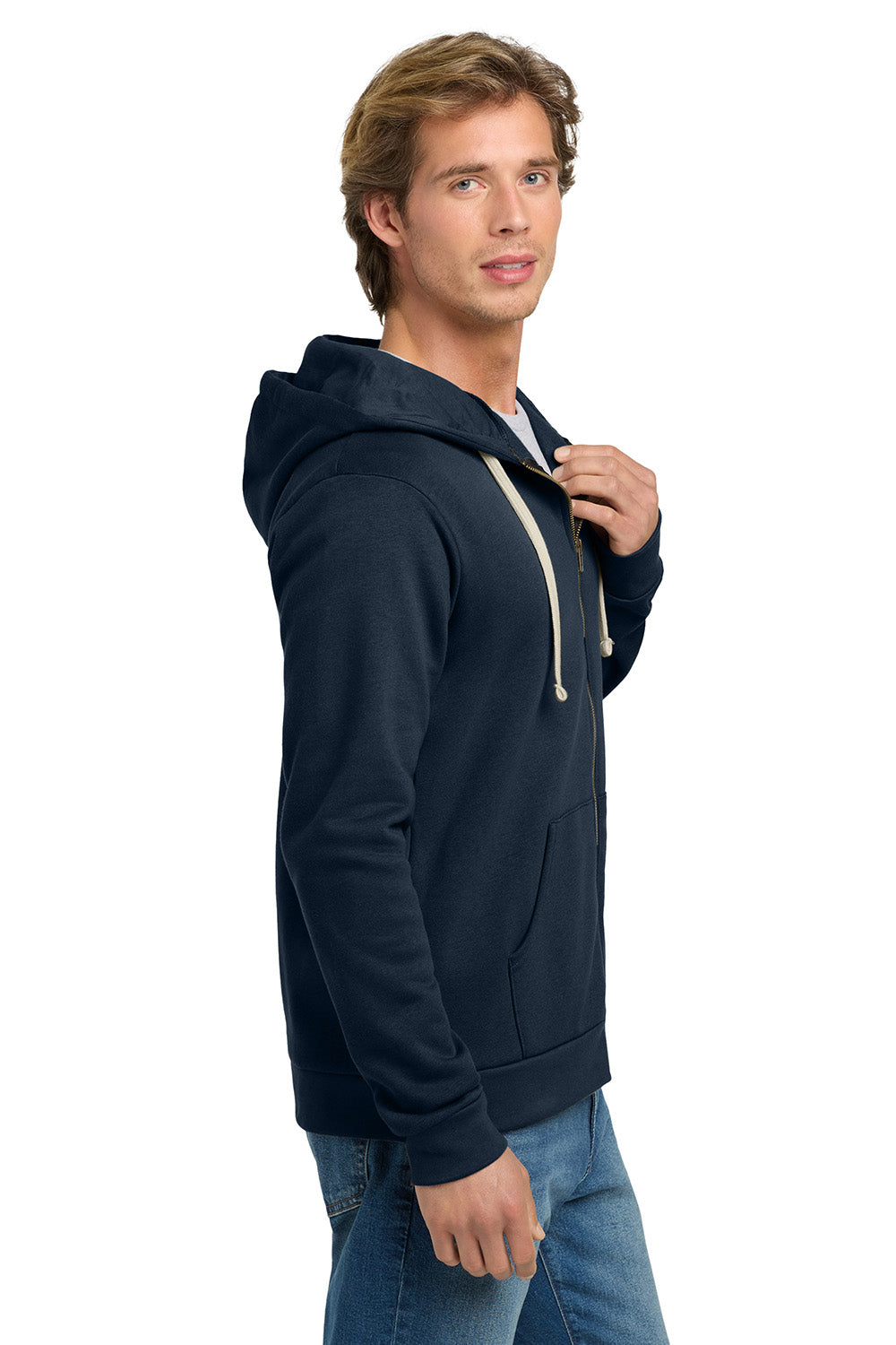 Next Level NL9602/9602 Mens Fleece Full Zip Hooded Sweatshirt Hoodie w/ Pockets Midnight Navy Blue Model Side