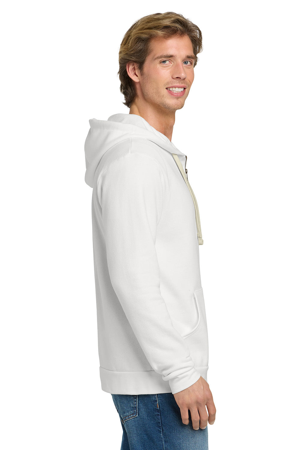 Next Level NL9602/9602 Mens Fleece Full Zip Hooded Sweatshirt Hoodie w/ Pockets White Model Side