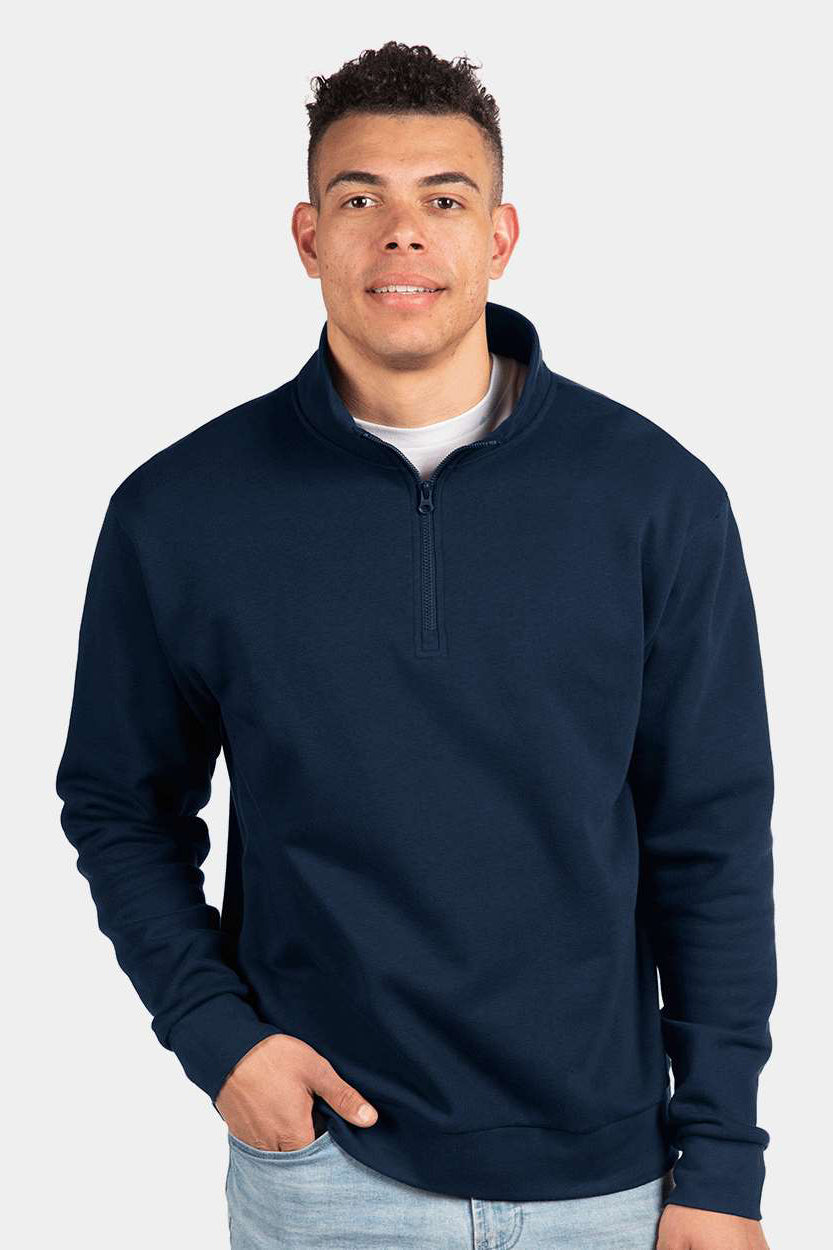 Next Level 9643 Mens Fleece 1/4 Zip Sweatshirt Midnight Navy Blue Model Front