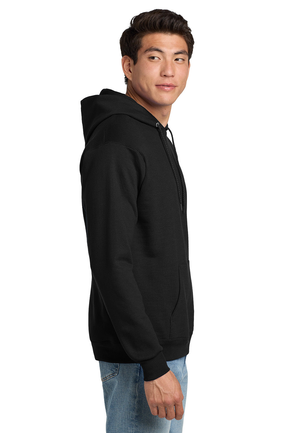 Hanes P170 Mens EcoSmart Print Pro XP Pill Resistant Hooded Sweatshirt Hoodie w/ Pouch Pocket Black Model Side