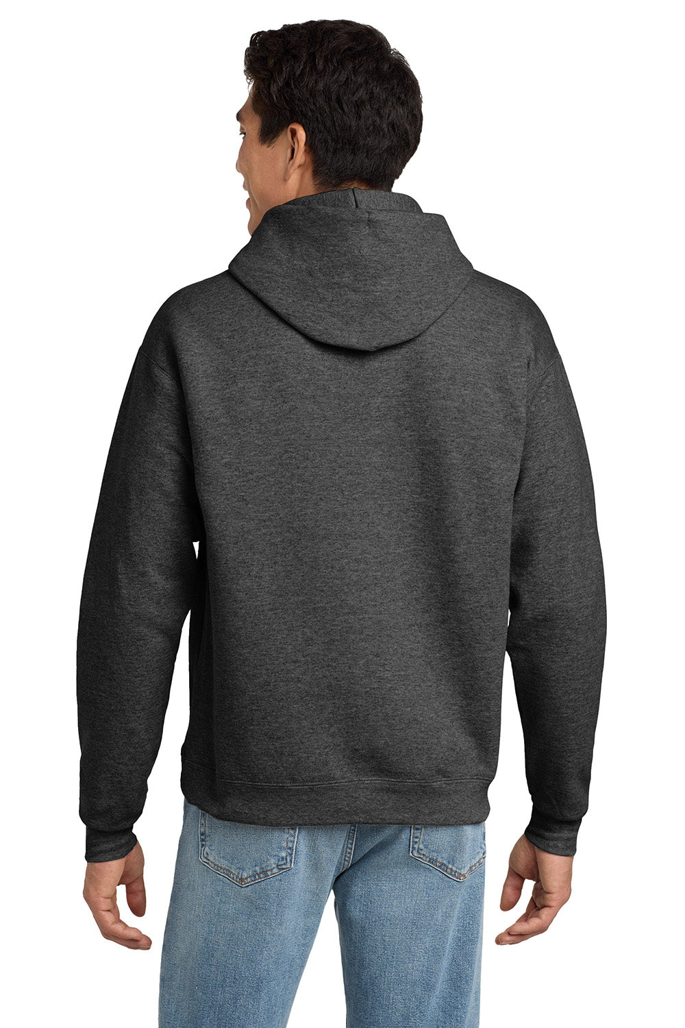 Hanes P170 Mens EcoSmart Print Pro XP Pill Resistant Hooded Sweatshirt Hoodie w/ Pouch Pocket Heather Charcoal Grey Model Back