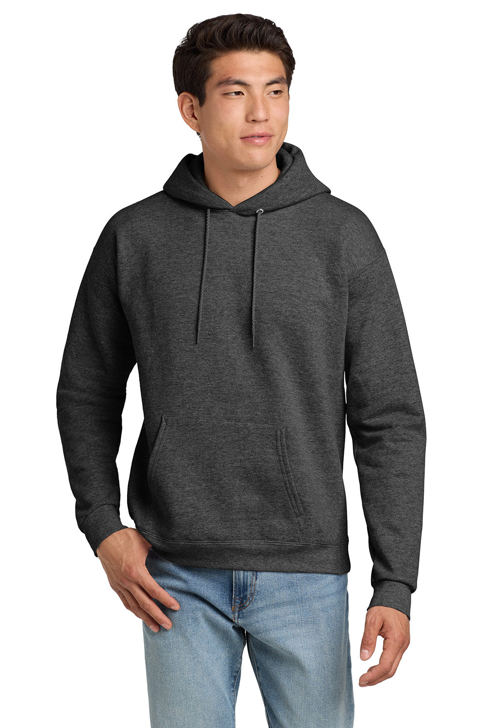 Hanes P170 Mens EcoSmart Print Pro XP Pill Resistant Hooded Sweatshirt Hoodie w/ Pouch Pocket Heather Charcoal Grey Model Front