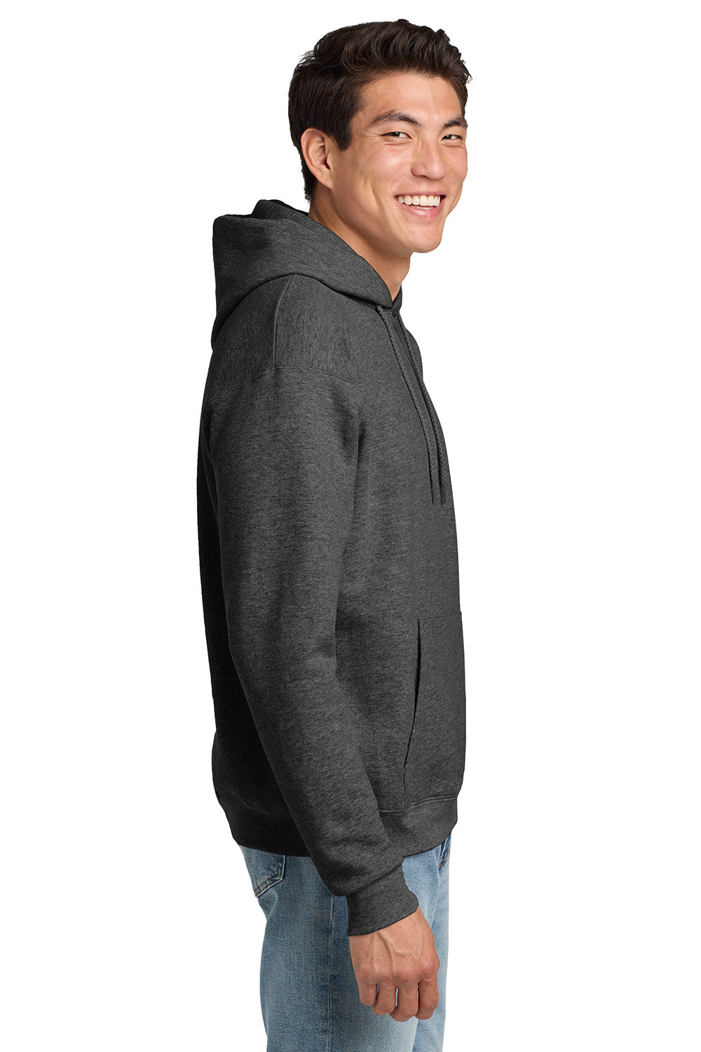 Hanes P170 Mens EcoSmart Print Pro XP Pill Resistant Hooded Sweatshirt Hoodie w/ Pouch Pocket Heather Charcoal Grey Model Side