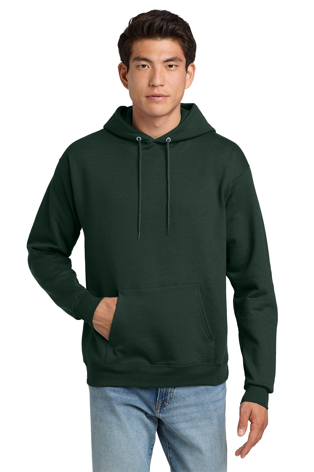 Hanes P170 Mens EcoSmart Print Pro XP Pill Resistant Hooded Sweatshirt Hoodie w/ Pouch Pocket Deep Forest Green Model Front