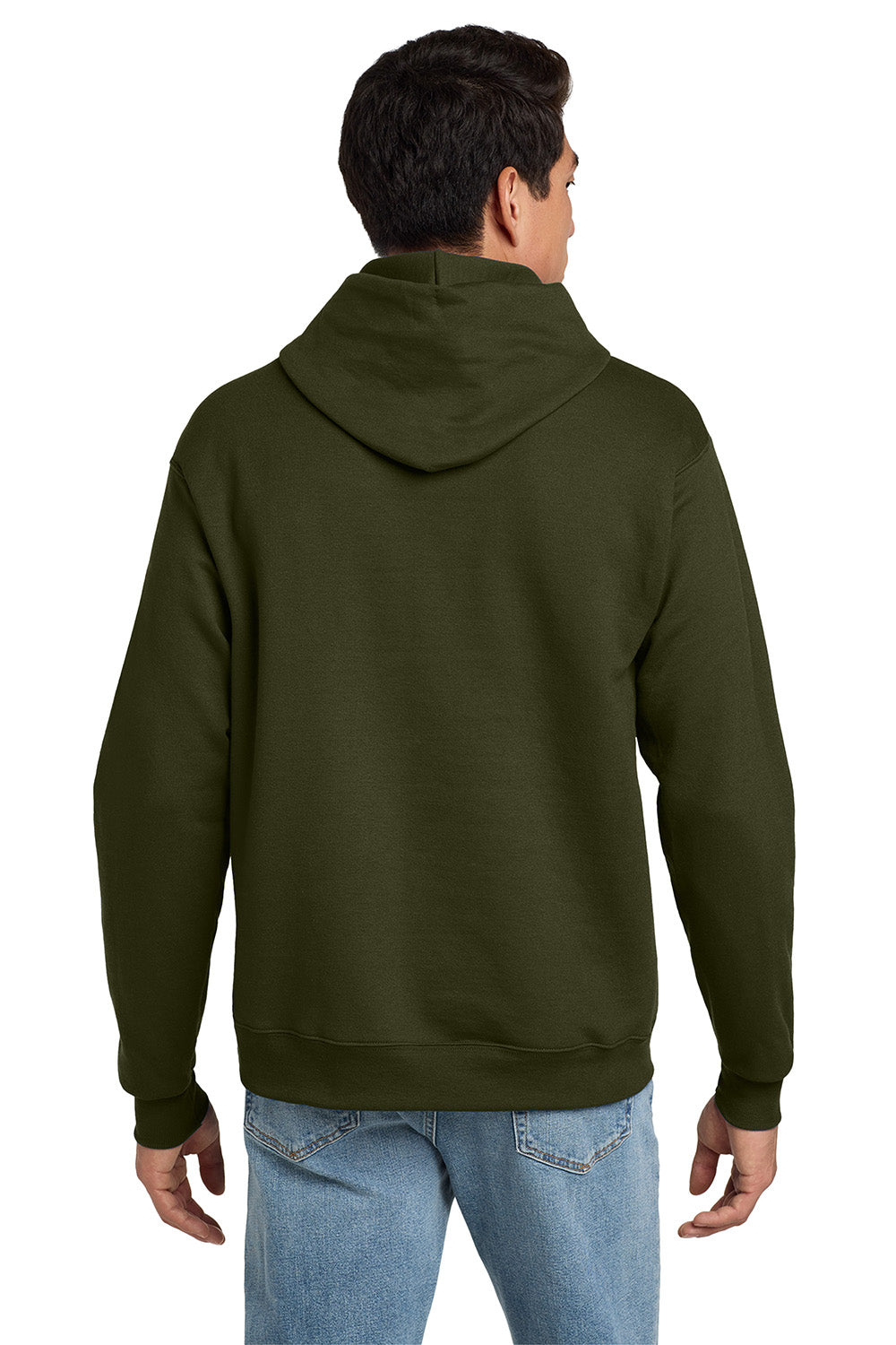 Hanes P170 Mens EcoSmart Print Pro XP Pill Resistant Hooded Sweatshirt Hoodie w/ Pouch Pocket Fatigue Green Model Back