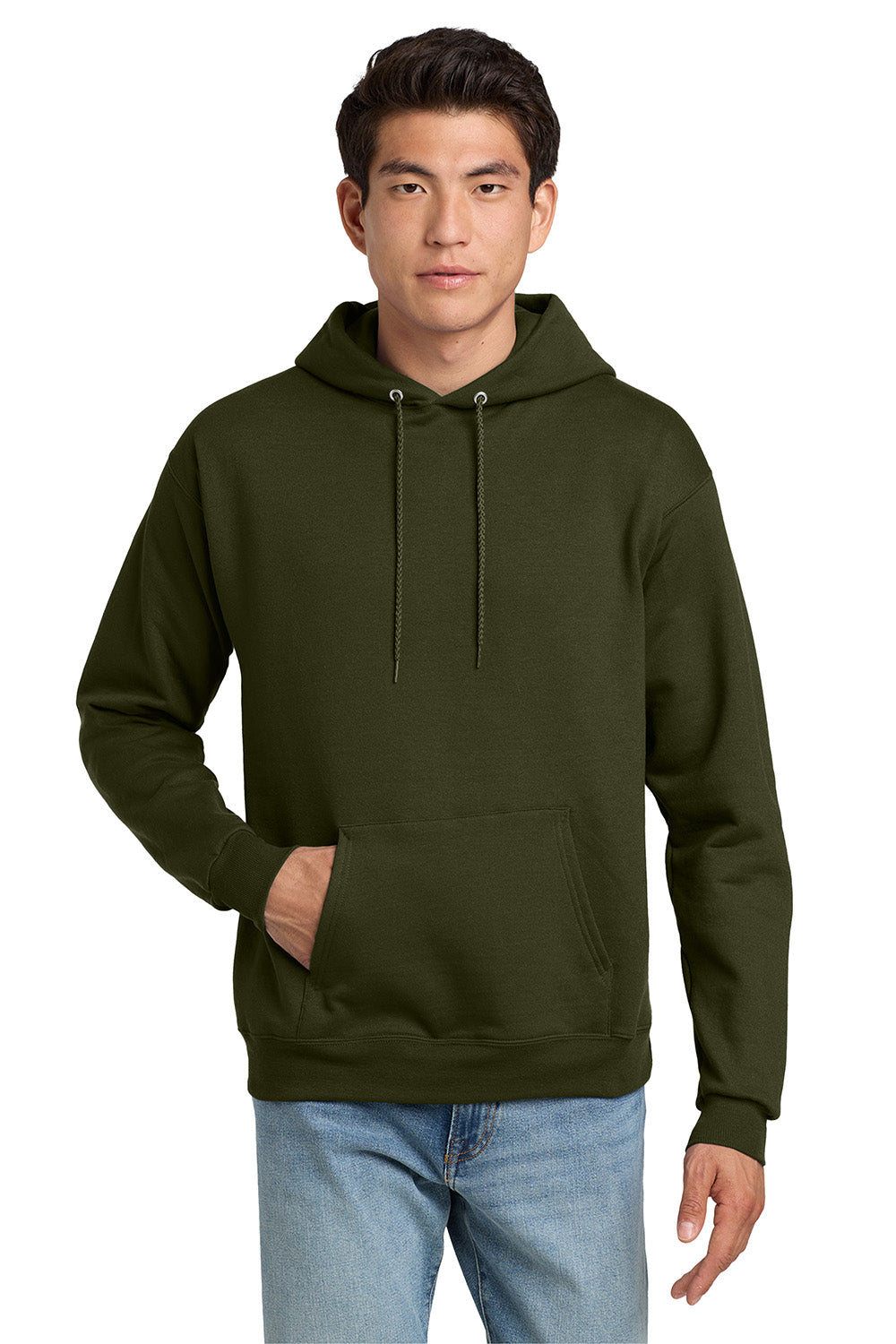 Hanes P170 Mens EcoSmart Print Pro XP Pill Resistant Hooded Sweatshirt Hoodie w/ Pouch Pocket Fatigue Green Model Front