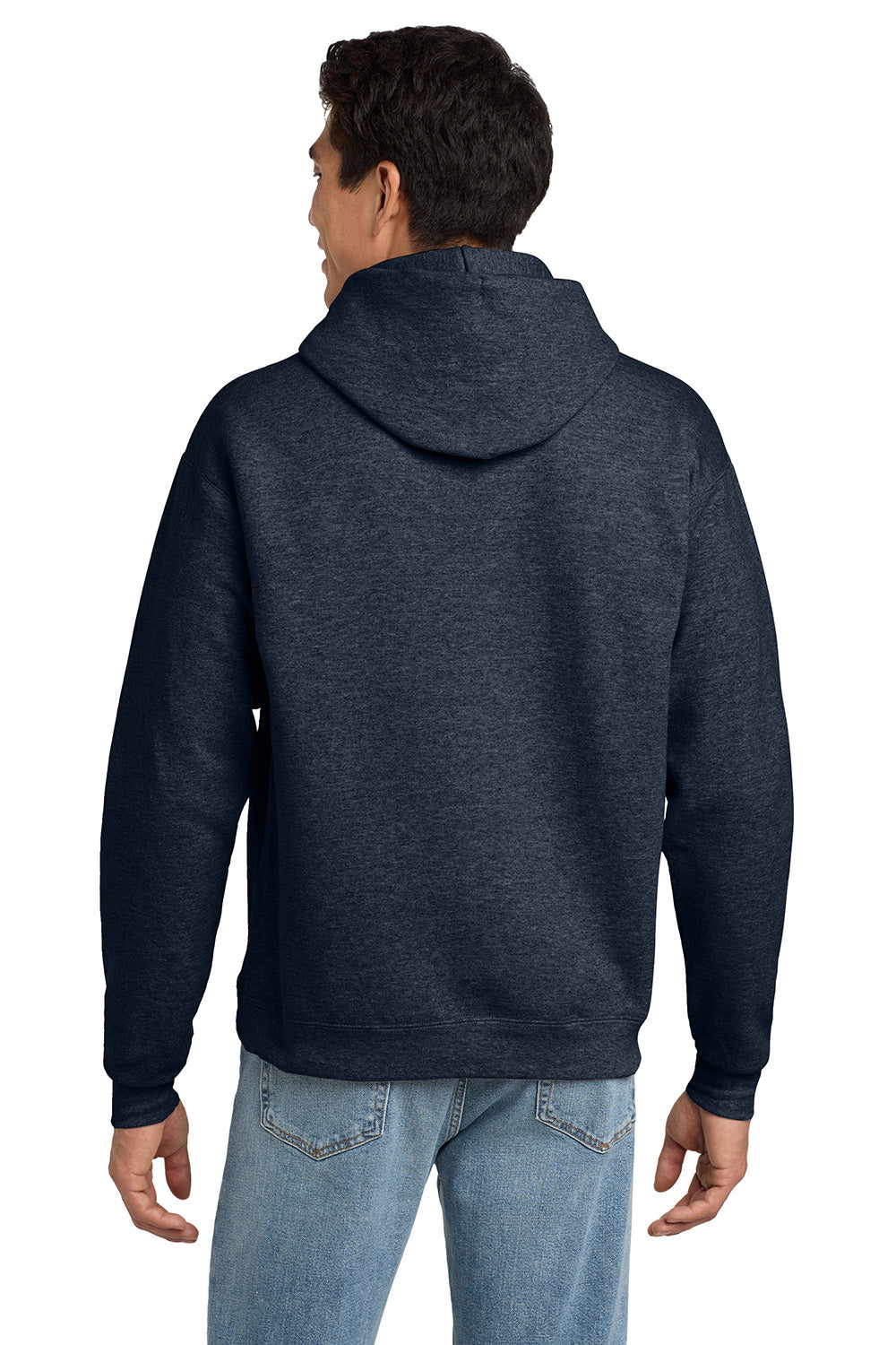 Hanes P170 Mens EcoSmart Print Pro XP Pill Resistant Hooded Sweatshirt Hoodie w/ Pouch Pocket Heather Navy Blue Model Back