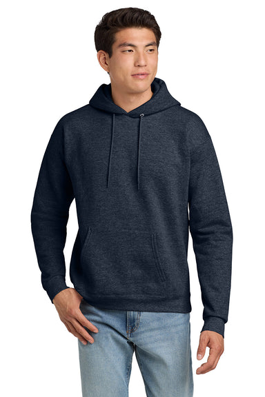 Hanes P170 Mens EcoSmart Print Pro XP Pill Resistant Hooded Sweatshirt Hoodie w/ Pouch Pocket Heather Navy Blue Model Front