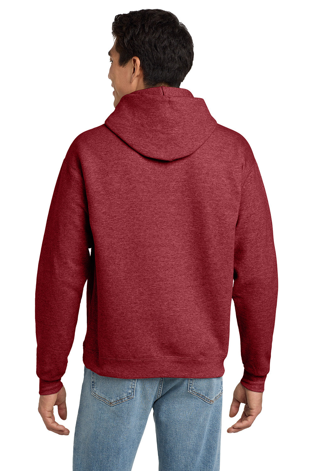 Hanes P170 Mens EcoSmart Print Pro XP Pill Resistant Hooded Sweatshirt Hoodie w/ Pouch Pocket Heather Red Model Back