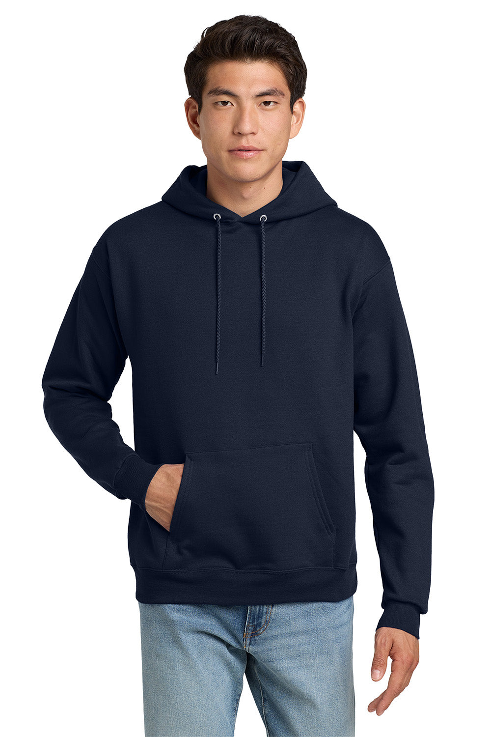 Hanes P170 Mens EcoSmart Print Pro XP Pill Resistant Hooded Sweatshirt Hoodie w/ Pouch Pocket Navy Blue Model Front