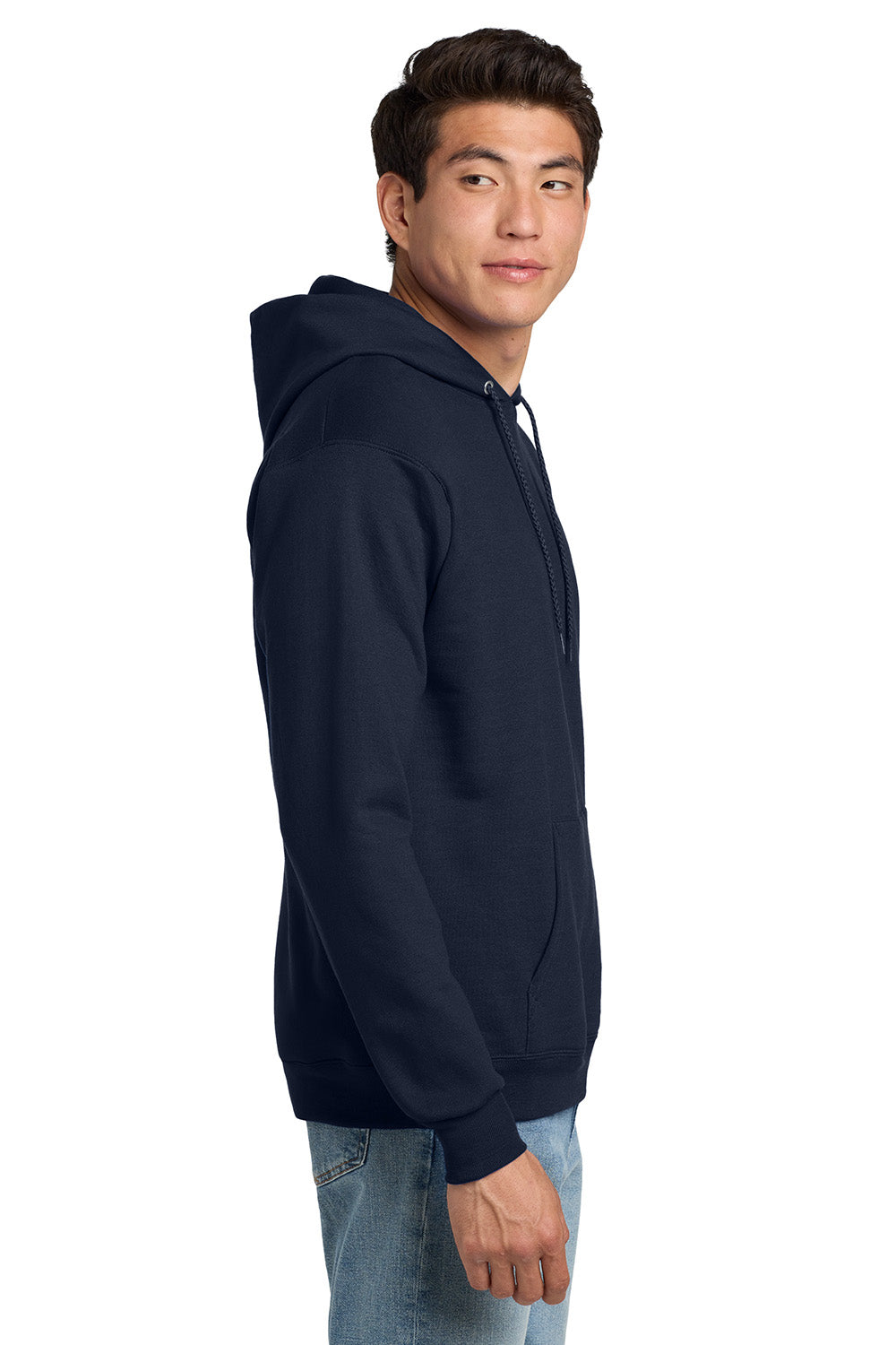 Hanes P170 Mens EcoSmart Print Pro XP Pill Resistant Hooded Sweatshirt Hoodie w/ Pouch Pocket Navy Blue Model Side