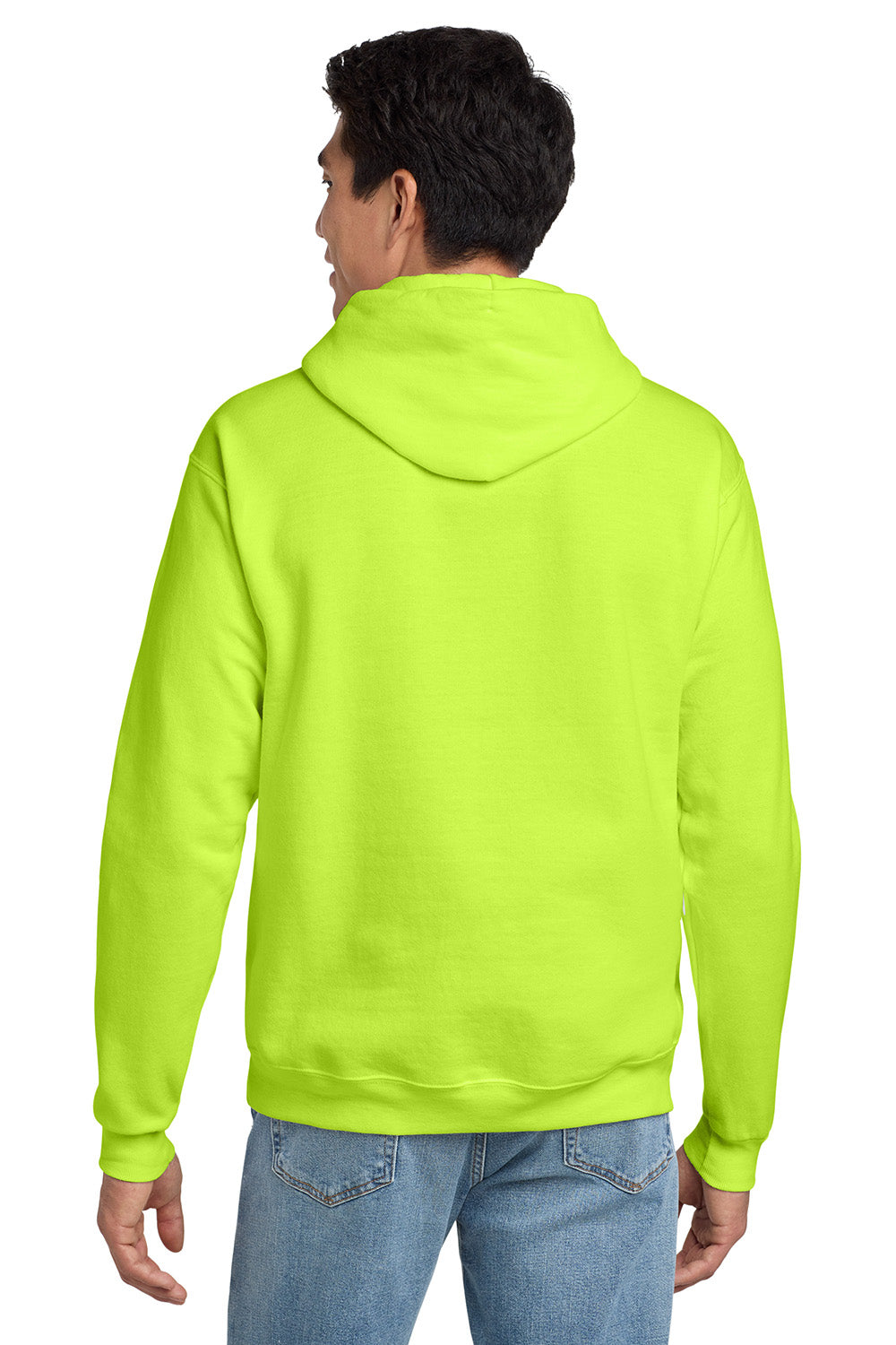 Hanes P170 Mens EcoSmart Print Pro XP Pill Resistant Hooded Sweatshirt Hoodie w/ Pouch Pocket Safety Green Model Back