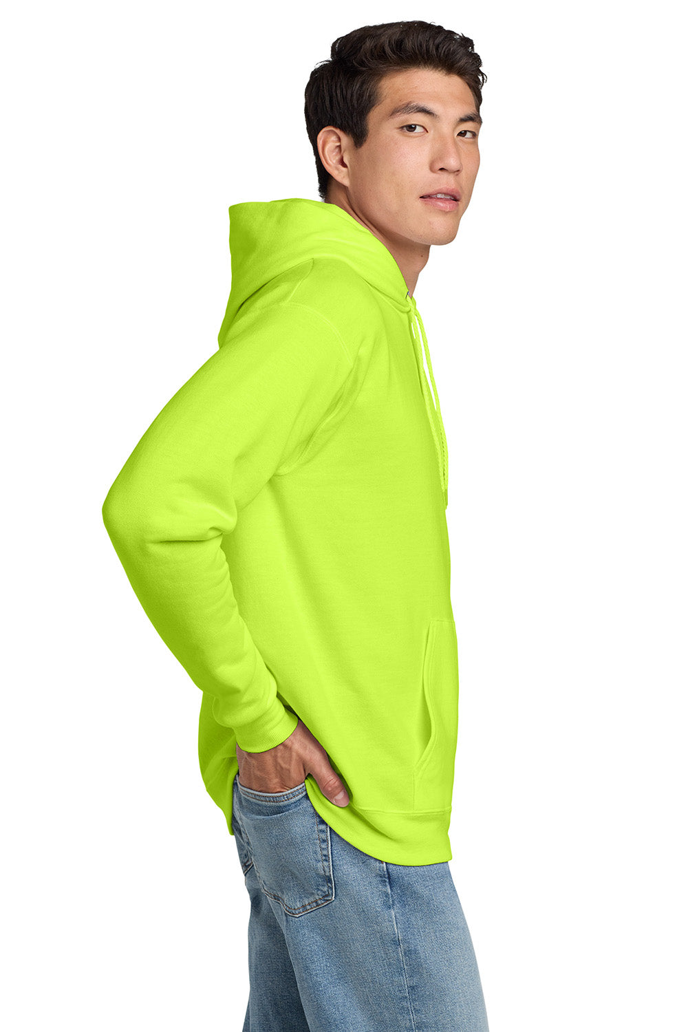 Hanes P170 Mens EcoSmart Print Pro XP Pill Resistant Hooded Sweatshirt Hoodie w/ Pouch Pocket Safety Green Model Side