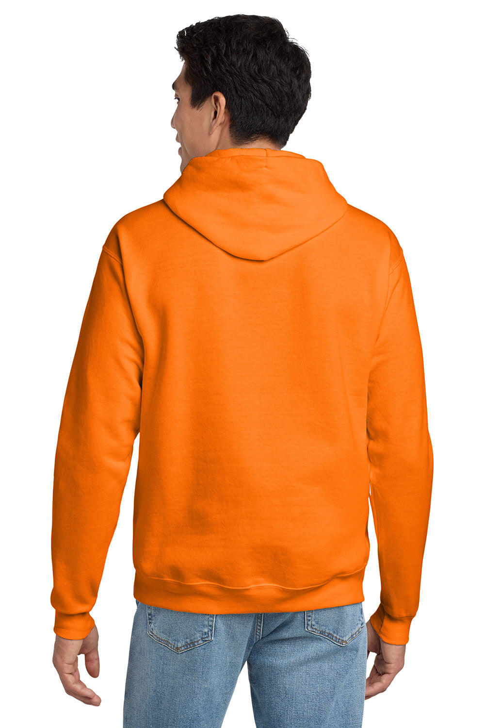 Hanes P170 Mens EcoSmart Print Pro XP Pill Resistant Hooded Sweatshirt Hoodie w/ Pouch Pocket Safety Orange Model Back