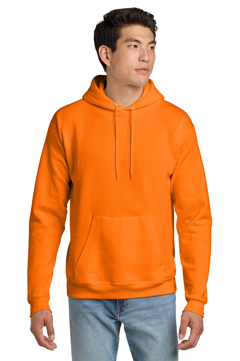 Hanes P170 Mens EcoSmart Print Pro XP Pill Resistant Hooded Sweatshirt Hoodie w/ Pouch Pocket Safety Orange Model Front