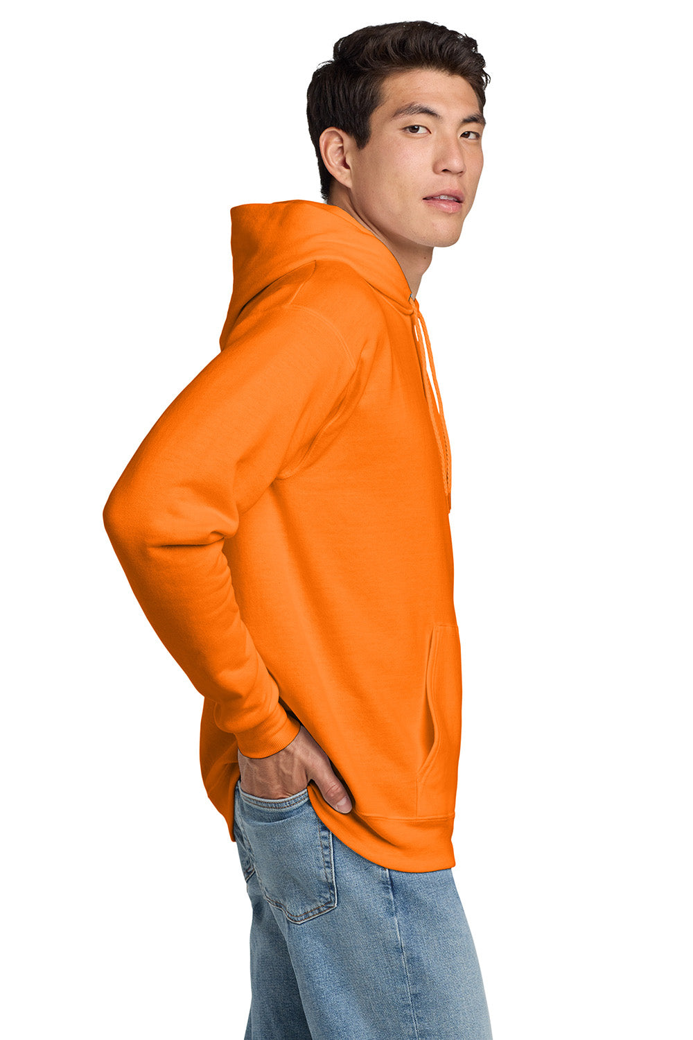 Hanes P170 Mens EcoSmart Print Pro XP Pill Resistant Hooded Sweatshirt Hoodie w/ Pouch Pocket Safety Orange Model Side