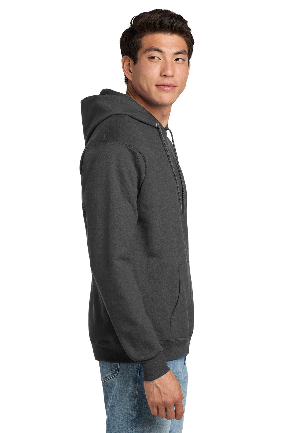 Hanes P170 Mens EcoSmart Print Pro XP Pill Resistant Hooded Sweatshirt Hoodie w/ Pouch Pocket Smoke Grey Model Side