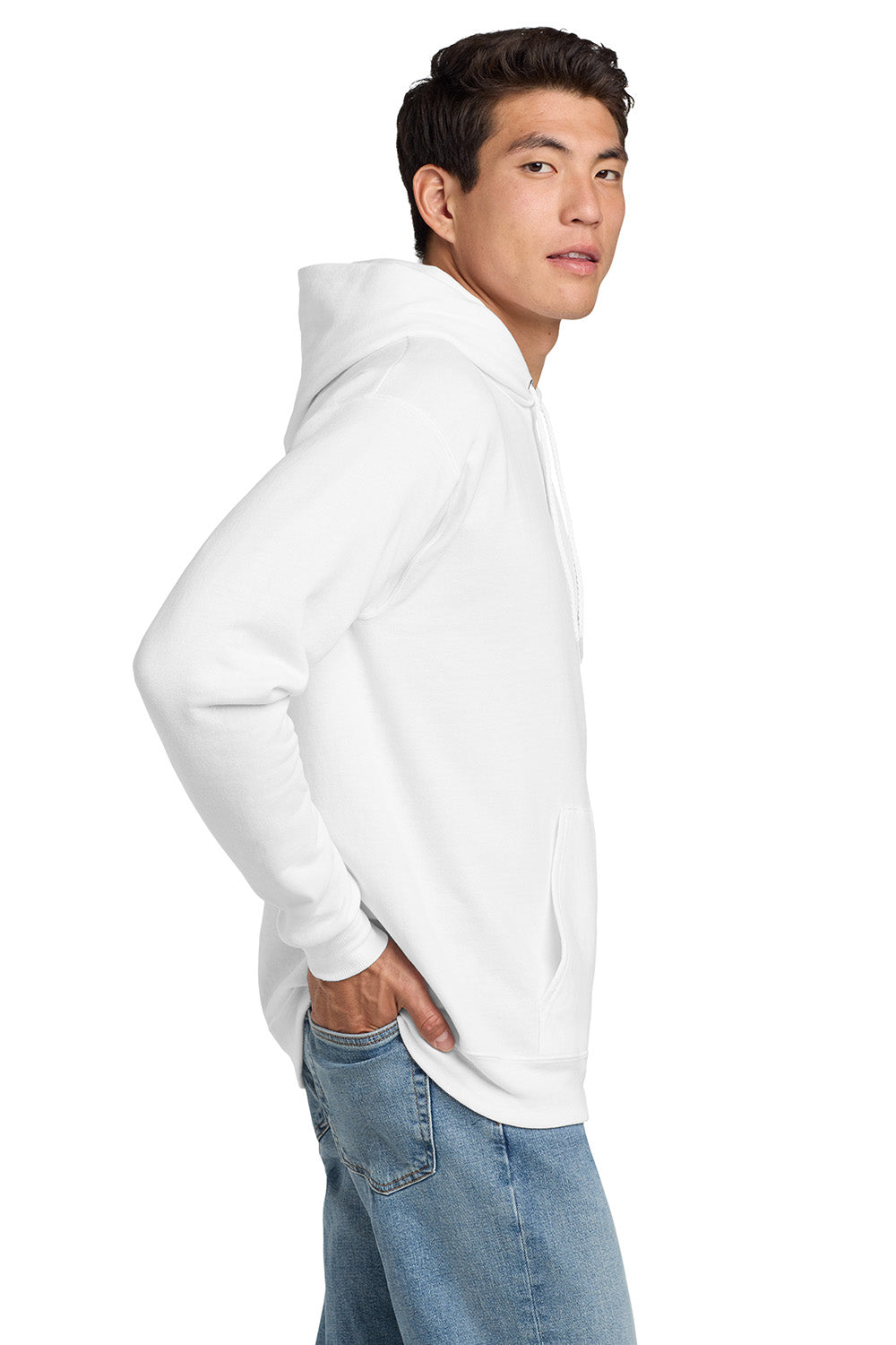 Hanes P170 Mens EcoSmart Print Pro XP Pill Resistant Hooded Sweatshirt Hoodie w/ Pouch Pocket White Model Side