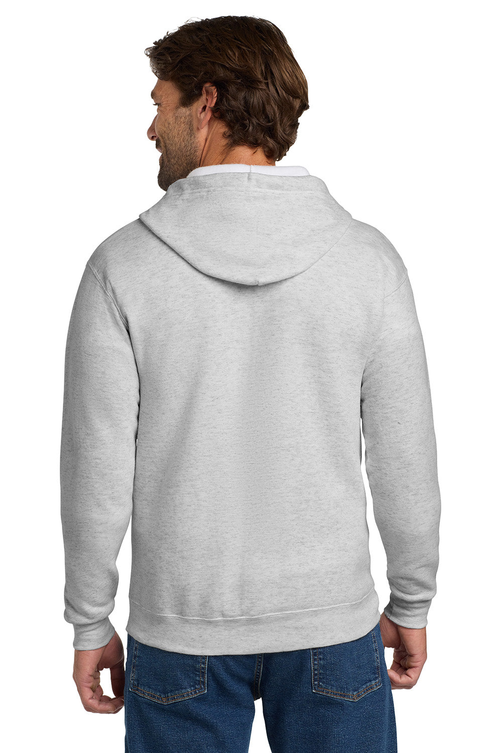 Hanes P180 Mens EcoSmart Print Pro XP Pill Resistant Full Zip Hooded Sweatshirt Hoodie w/ Pockets Ash Grey Model Back